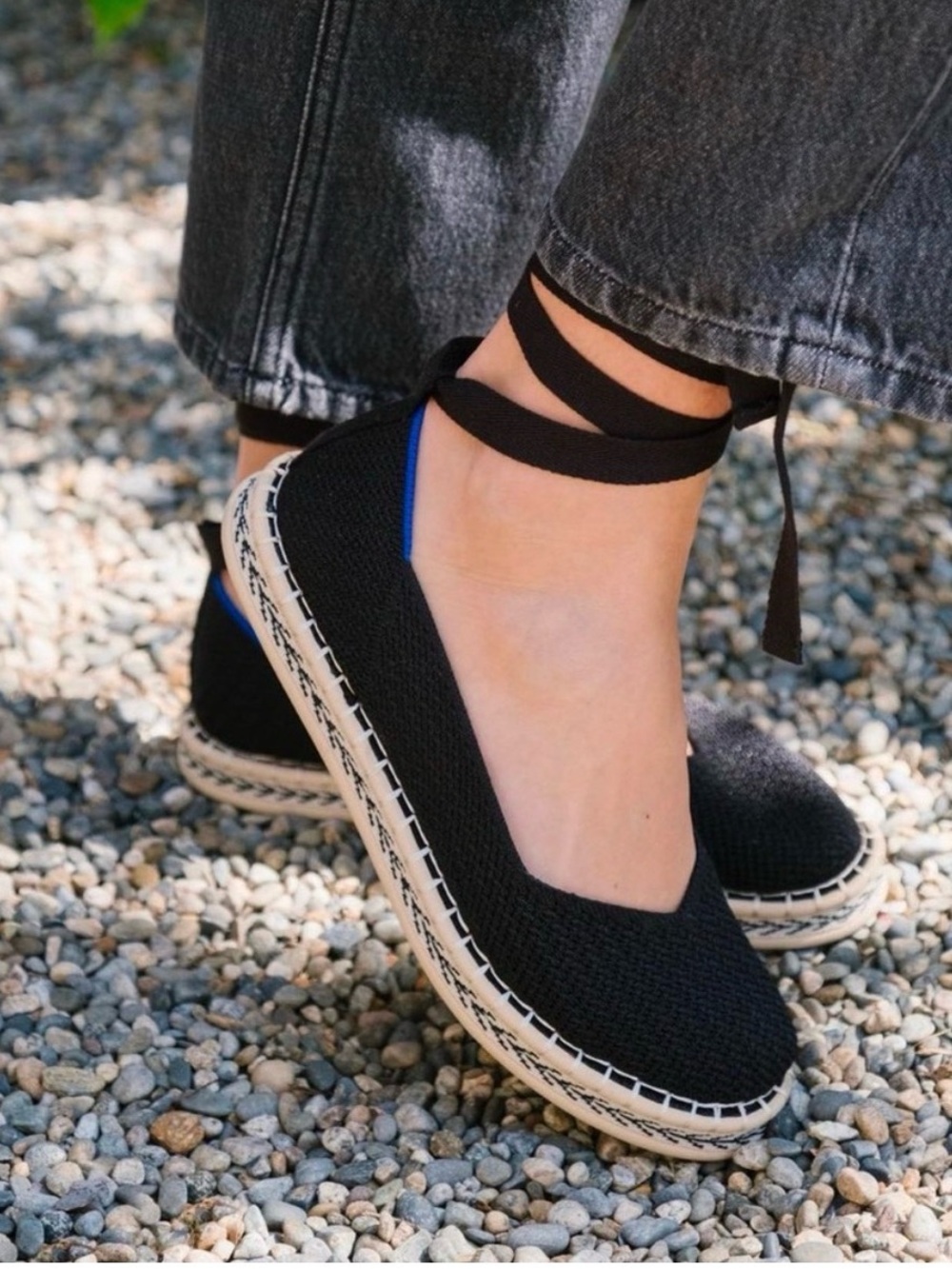 Rothy's Black Espadrille Ballet Flats with Blue Trim and Ankle Tie